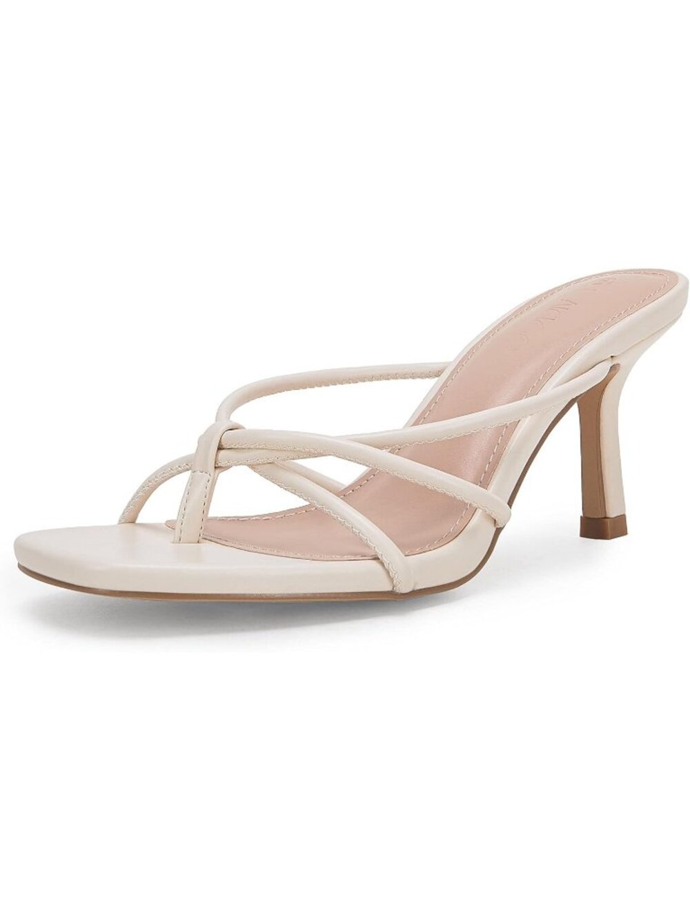 Women’s Beige Faux Leather Square Open Toe Flip Flops Strappy Thong Mule Sandals